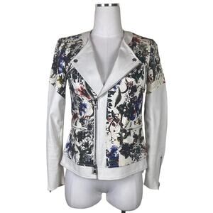 Rebecca Taylor White Leather Jacket Womens 0 XS Boho Chic Floral Jacket Spring